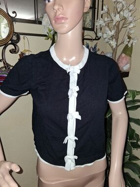 Forward Young Contemporary Black & White Coquette Bow Knit Cardigan